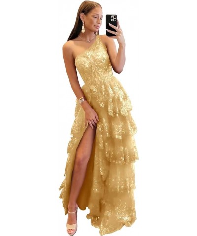 One Shoulder Lace Tulle Tiered Prom Dresses Sparkly Applique Long A Line Formal Evening Party Gowns Gold $49.39 Dresses