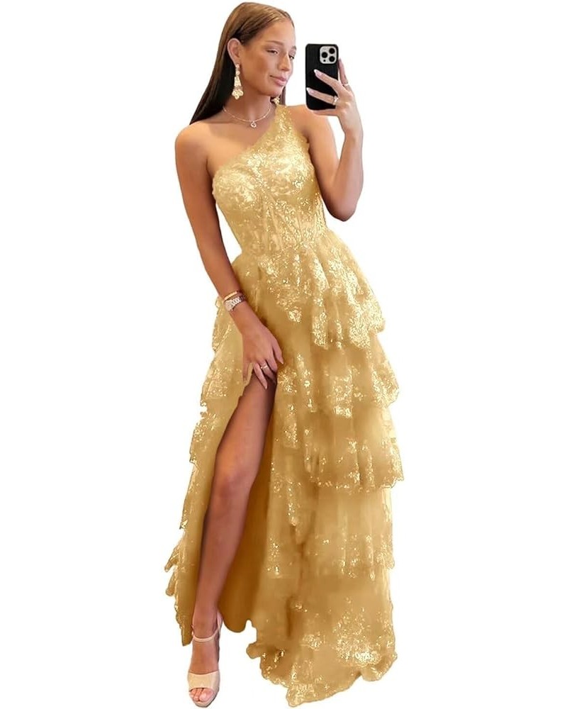 One Shoulder Lace Tulle Tiered Prom Dresses Sparkly Applique Long A Line Formal Evening Party Gowns Gold $49.39 Dresses