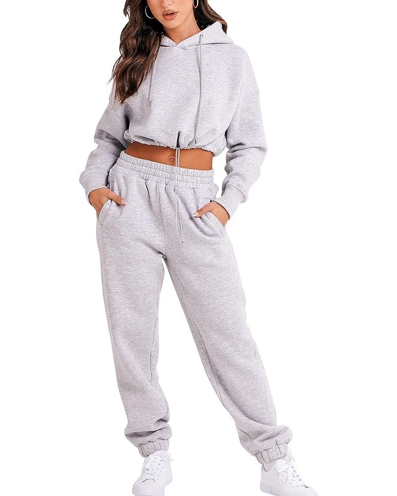 Women's 2023 Fall Two Piece Outfit Long Sleeve Oversized Cropped Hoodie Long Pants Tracksuit Sweatsuits Jogger Set Gray $34.6...