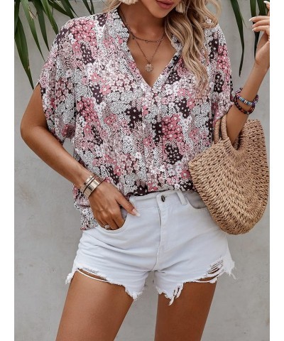 Women's Blouses V Neck Short Sleeve Curved Hem Solid Chiffon Dressy Blouse Casual Shirts Tops 159 Brown Pink $13.33 Blouses