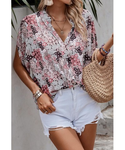 Women's Blouses V Neck Short Sleeve Curved Hem Solid Chiffon Dressy Blouse Casual Shirts Tops 159 Brown Pink $13.33 Blouses