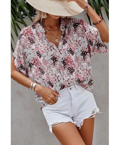 Women's Blouses V Neck Short Sleeve Curved Hem Solid Chiffon Dressy Blouse Casual Shirts Tops 159 Brown Pink $13.33 Blouses