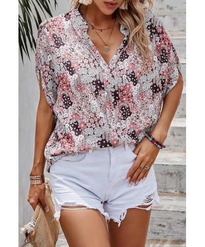 Women's Blouses V Neck Short Sleeve Curved Hem Solid Chiffon Dressy Blouse Casual Shirts Tops 159 Brown Pink $13.33 Blouses