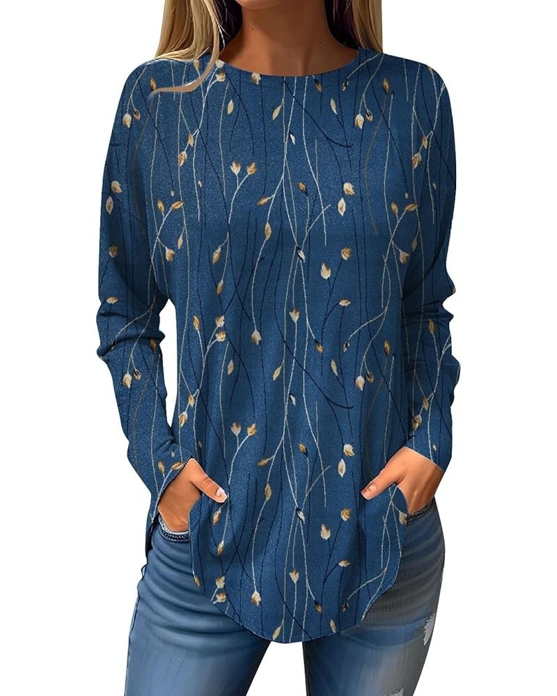 Women's Long Sleeve Shirt 2024 Fashion Round Neck Mid-Length Casual Loose Multi Print Large Size Outfits 09-navy $8.09 Blouses