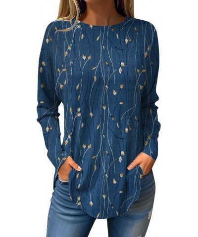 Women's Long Sleeve Shirt 2024 Fashion Round Neck Mid-Length Casual Loose Multi Print Large Size Outfits 09-navy $8.09 Blouses