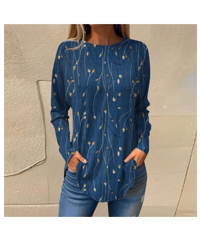 Women's Long Sleeve Shirt 2024 Fashion Round Neck Mid-Length Casual Loose Multi Print Large Size Outfits 09-navy $8.09 Blouses