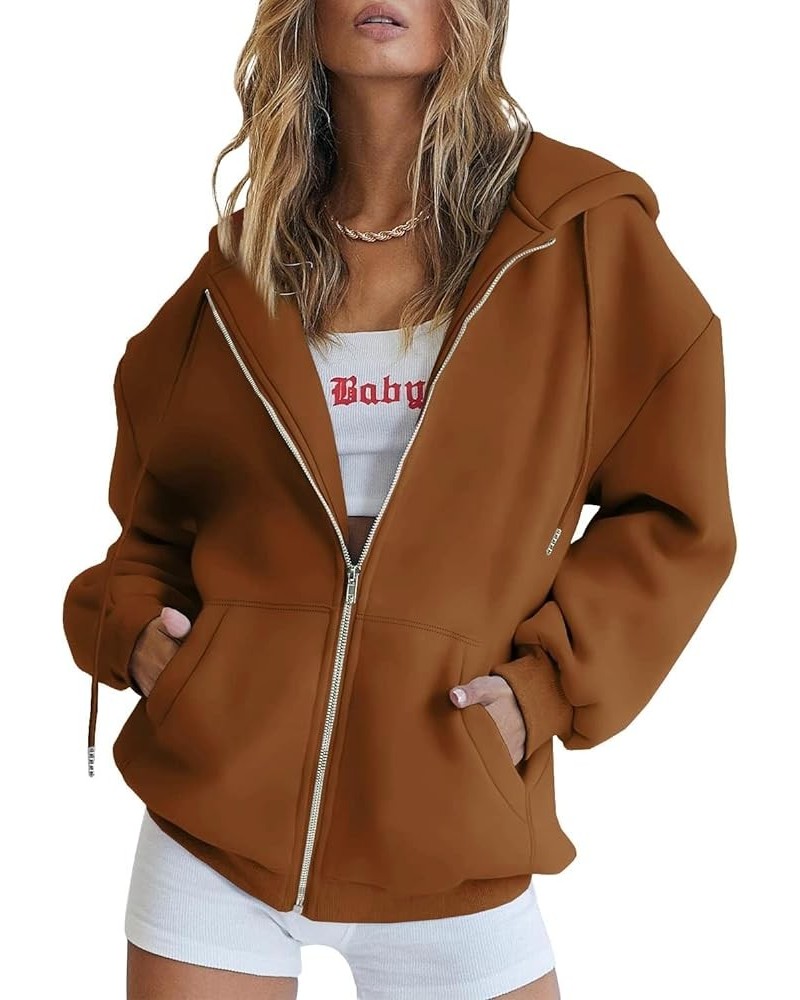 Womens Zip Up Hoodies Long Sleeve Fall Oversized Sweatshirts Casual Drawstring Zipper Y2K Jacket with Pockets Brown $11.49 Ho...