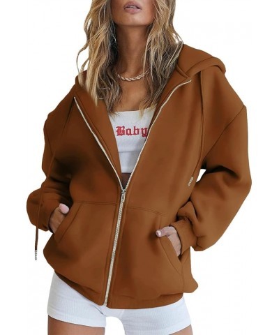 Womens Zip Up Hoodies Long Sleeve Fall Oversized Sweatshirts Casual Drawstring Zipper Y2K Jacket with Pockets Brown $11.49 Ho...