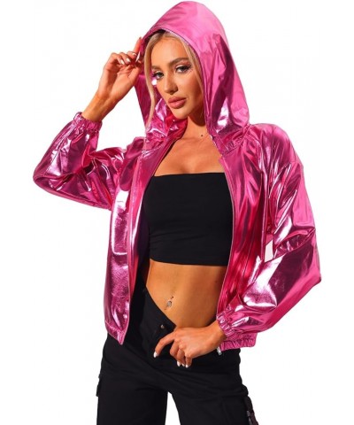 Women's Holographic Party Shimmering Shiny Lightweight Zipper Hooded Metallic Jacket Hot Pink $22.55 Jackets