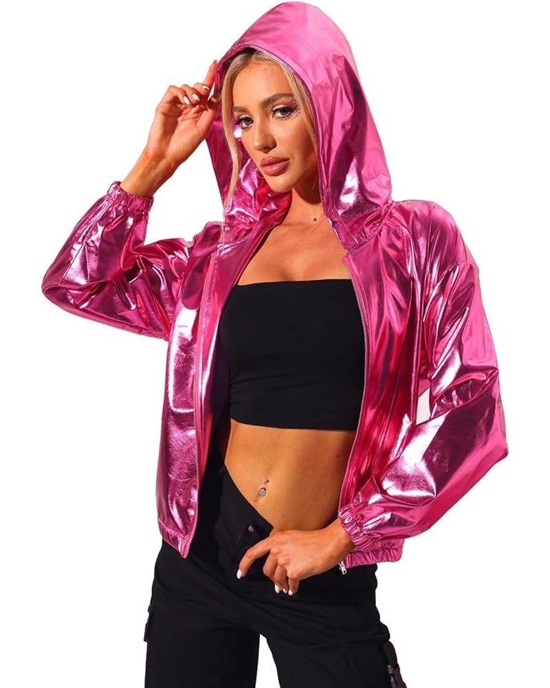 Women's Holographic Party Shimmering Shiny Lightweight Zipper Hooded Metallic Jacket Hot Pink $22.55 Jackets