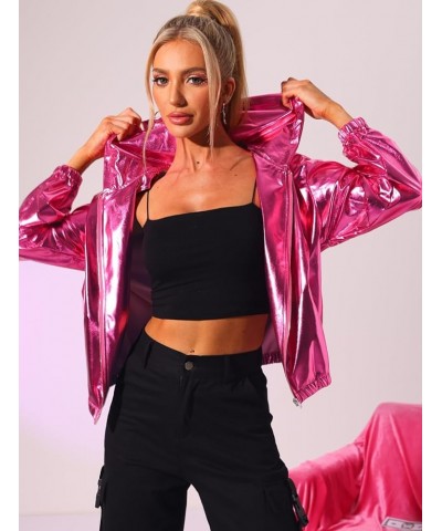 Women's Holographic Party Shimmering Shiny Lightweight Zipper Hooded Metallic Jacket Hot Pink $22.55 Jackets