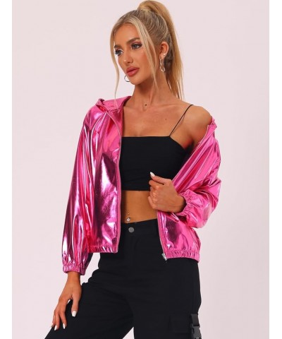 Women's Holographic Party Shimmering Shiny Lightweight Zipper Hooded Metallic Jacket Hot Pink $22.55 Jackets