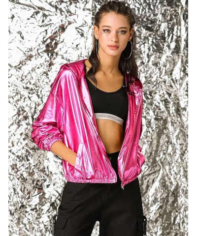 Women's Holographic Party Shimmering Shiny Lightweight Zipper Hooded Metallic Jacket Hot Pink $22.55 Jackets