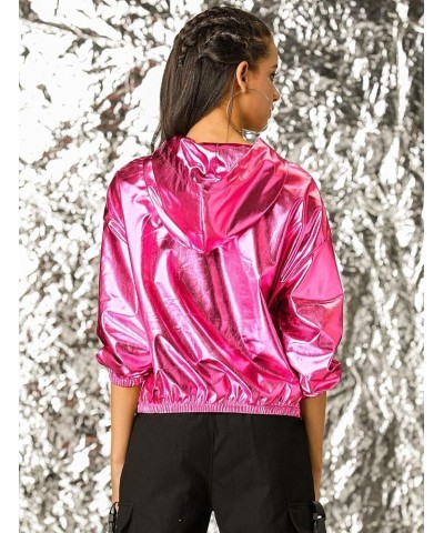 Women's Holographic Party Shimmering Shiny Lightweight Zipper Hooded Metallic Jacket Hot Pink $22.55 Jackets