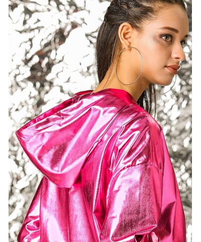 Women's Holographic Party Shimmering Shiny Lightweight Zipper Hooded Metallic Jacket Hot Pink $22.55 Jackets