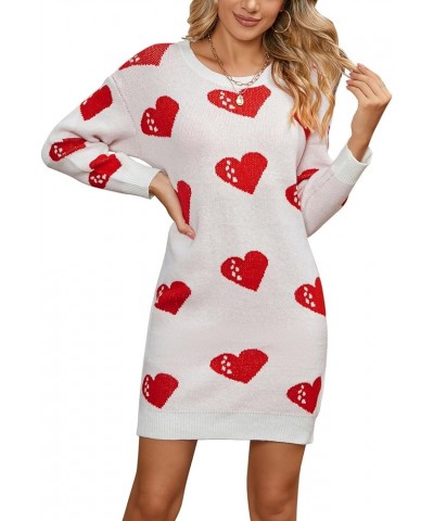 Womens Cute Heart Printed Mini Dress Crew Neck Long Sleeve Ribbed Knit Valentines Sweaters Dress 733 White & Red X-Large $21....