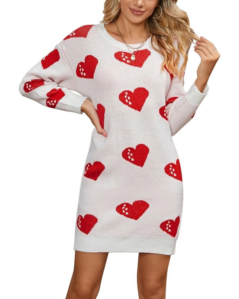Womens Cute Heart Printed Mini Dress Crew Neck Long Sleeve Ribbed Knit Valentines Sweaters Dress 733 White & Red X-Large $21....