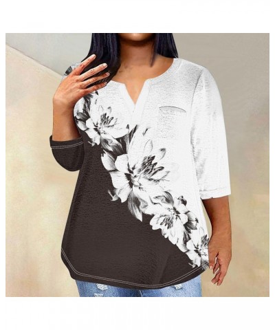 3/4 Length Sleeve Womens Tops Fashion V-Neck Button Elbow Sleeve T-Shirt Vintage Printed Tunic Tops Spring Tops 2024 07-black...