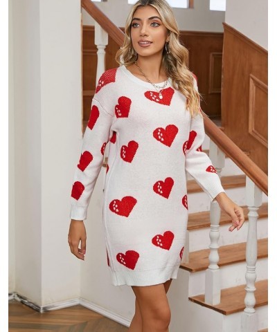 Womens Cute Heart Printed Mini Dress Crew Neck Long Sleeve Ribbed Knit Valentines Sweaters Dress 733 White & Red X-Large $21....