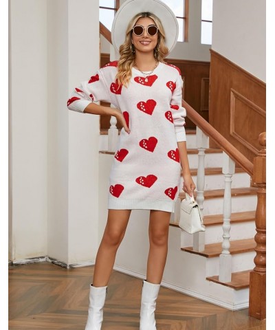 Womens Cute Heart Printed Mini Dress Crew Neck Long Sleeve Ribbed Knit Valentines Sweaters Dress 733 White & Red X-Large $21....