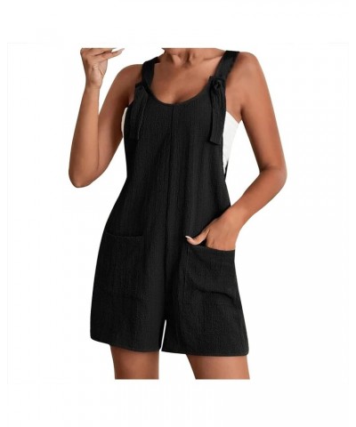 Women's Jumpsuits Summer Cotton Linen Rompers Tie Knot Strap Overalls Jumpsuit Shorts Cute Tie Shoulder Strap Shorts C01-blac...