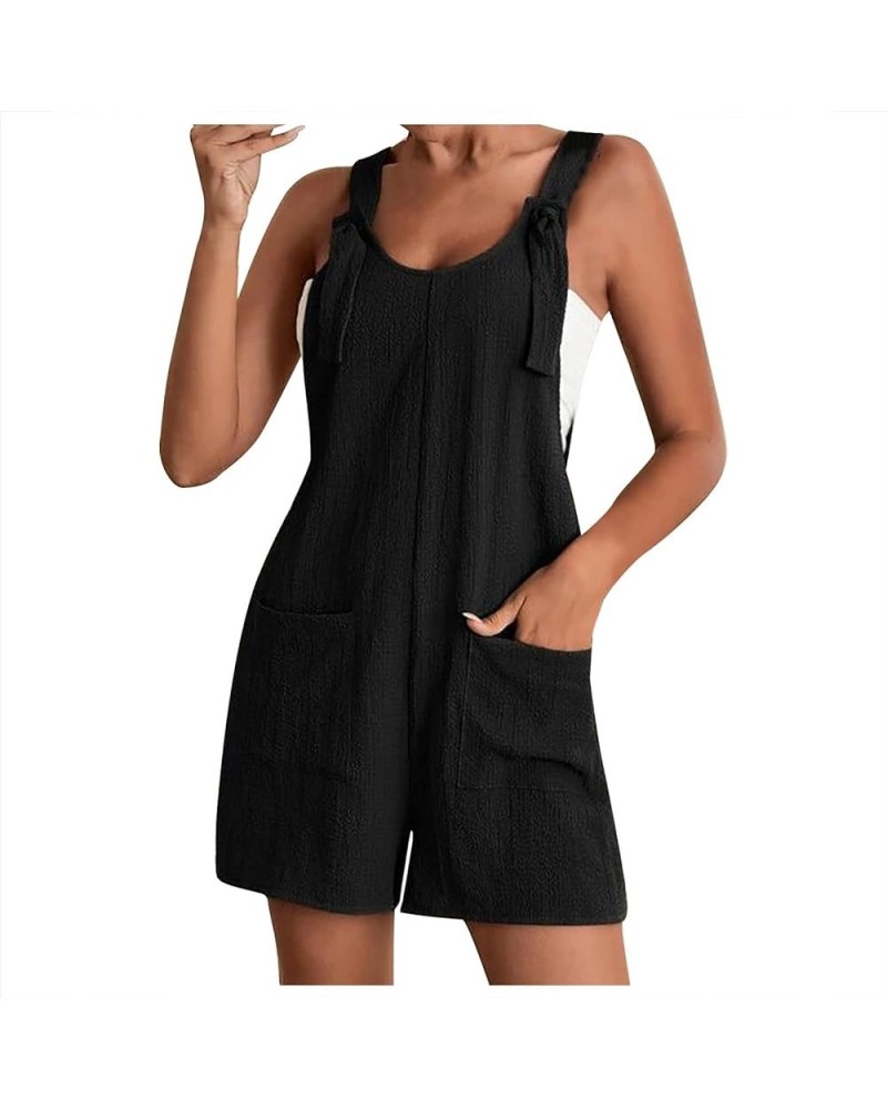 Women's Jumpsuits Summer Cotton Linen Rompers Tie Knot Strap Overalls Jumpsuit Shorts Cute Tie Shoulder Strap Shorts C01-blac...