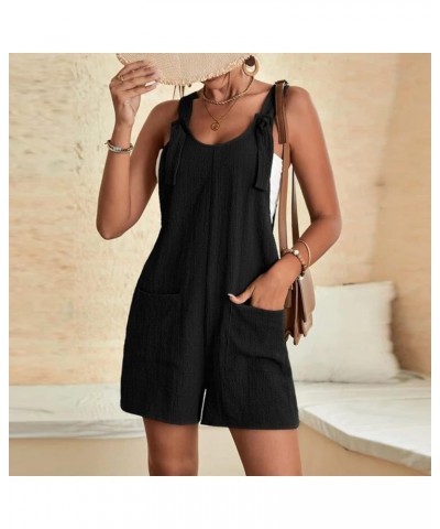 Women's Jumpsuits Summer Cotton Linen Rompers Tie Knot Strap Overalls Jumpsuit Shorts Cute Tie Shoulder Strap Shorts C01-blac...