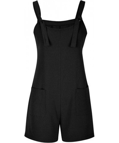 Women's Jumpsuits Summer Cotton Linen Rompers Tie Knot Strap Overalls Jumpsuit Shorts Cute Tie Shoulder Strap Shorts C01-blac...