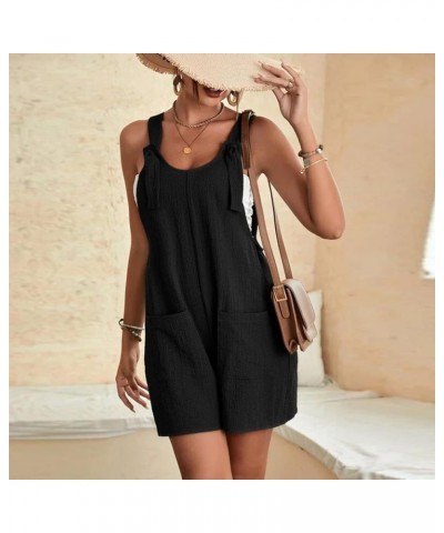 Women's Jumpsuits Summer Cotton Linen Rompers Tie Knot Strap Overalls Jumpsuit Shorts Cute Tie Shoulder Strap Shorts C01-blac...