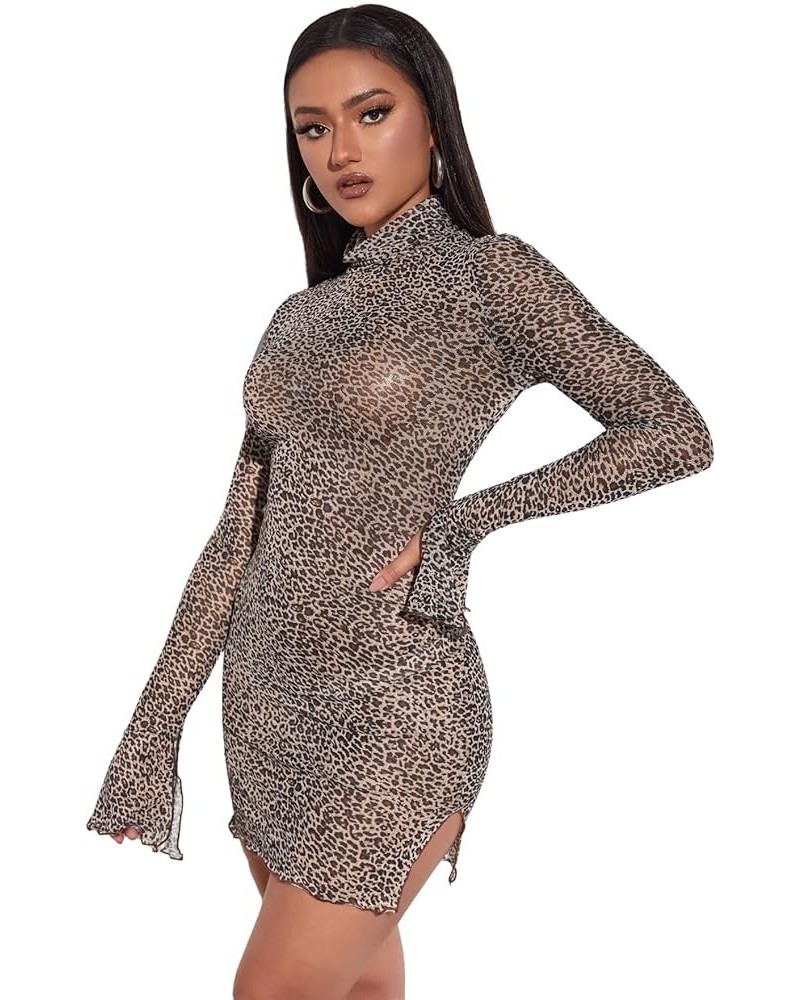 Women's All Over Print Mock Neck Long Sleeve Mesh Bodycon Mini Dress Multicolored $14.52 Dresses