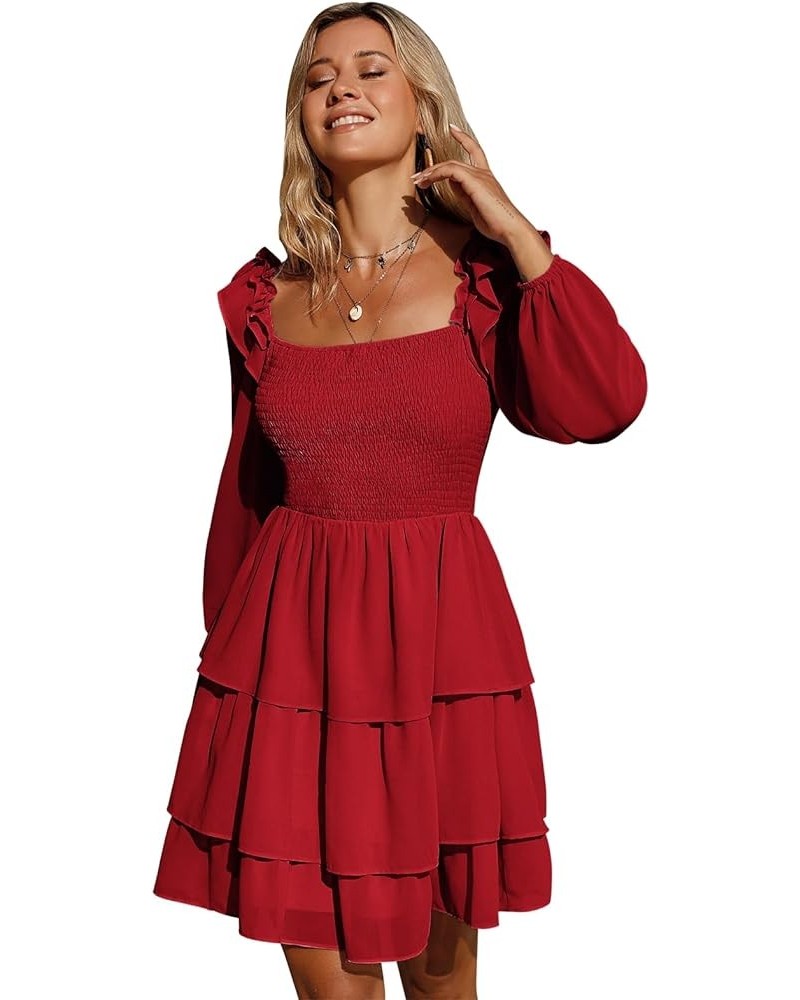 Women's Smocked Ruffle Mini Dress Square Neck Long Sleeve Party Dress Cute Cottagecore Wedding Guest Dress Red $21.62 Dresses
