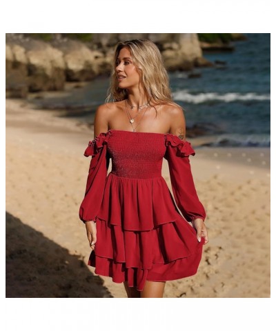 Women's Smocked Ruffle Mini Dress Square Neck Long Sleeve Party Dress Cute Cottagecore Wedding Guest Dress Red $21.62 Dresses