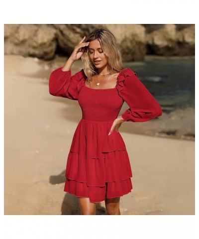 Women's Smocked Ruffle Mini Dress Square Neck Long Sleeve Party Dress Cute Cottagecore Wedding Guest Dress Red $21.62 Dresses