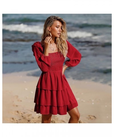 Women's Smocked Ruffle Mini Dress Square Neck Long Sleeve Party Dress Cute Cottagecore Wedding Guest Dress Red $21.62 Dresses