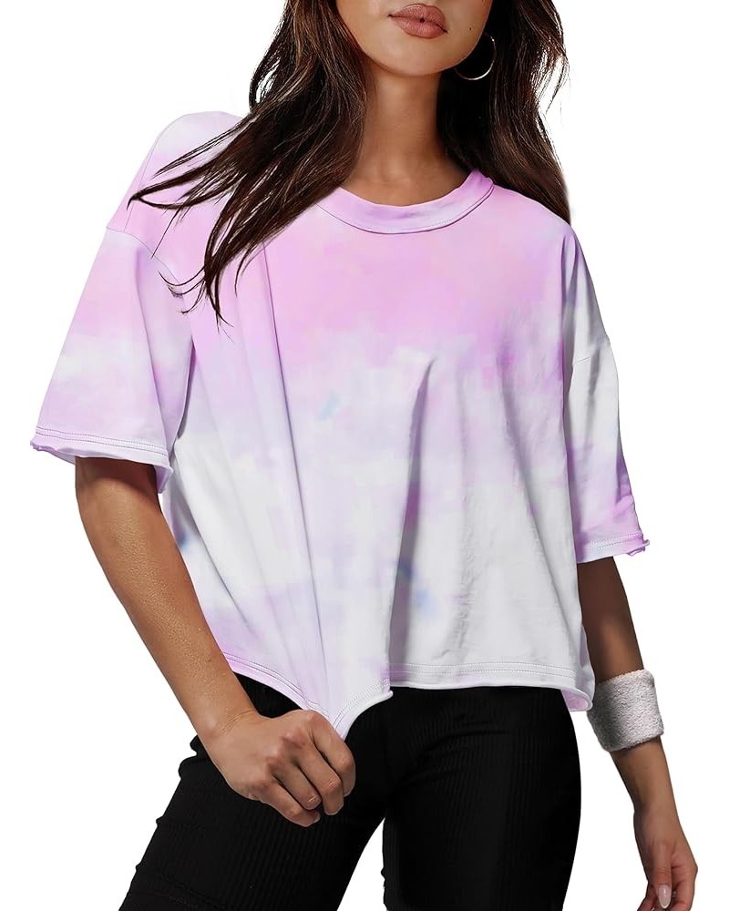 Cotton Tshirts for Women Drop Shoulder Round Neck Oversized Crop Tops Workout Tops Tees Y Tie Die Pink $10.99 T-Shirts