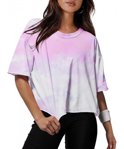 Cotton Tshirts for Women Drop Shoulder Round Neck Oversized Crop Tops Workout Tops Tees Y Tie Die Pink $10.99 T-Shirts