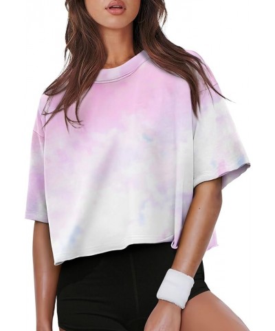 Cotton Tshirts for Women Drop Shoulder Round Neck Oversized Crop Tops Workout Tops Tees Y Tie Die Pink $10.99 T-Shirts