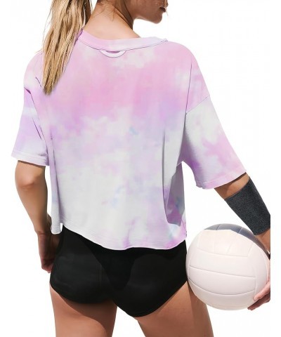 Cotton Tshirts for Women Drop Shoulder Round Neck Oversized Crop Tops Workout Tops Tees Y Tie Die Pink $10.99 T-Shirts