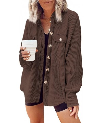 Womens Waffle Knit Shacket Boyfriend Shirt Jacket Button Down Blouse Loose Fit Long Sleeve Tops 02 Dark Brown $22.25 Blouses