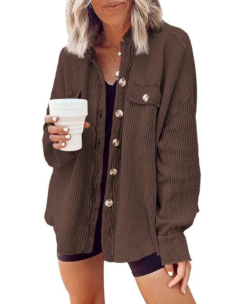 Womens Waffle Knit Shacket Boyfriend Shirt Jacket Button Down Blouse Loose Fit Long Sleeve Tops 02 Dark Brown $22.25 Blouses