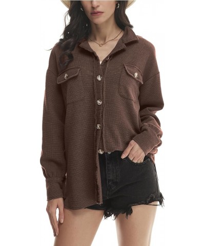 Womens Waffle Knit Shacket Boyfriend Shirt Jacket Button Down Blouse Loose Fit Long Sleeve Tops 02 Dark Brown $22.25 Blouses