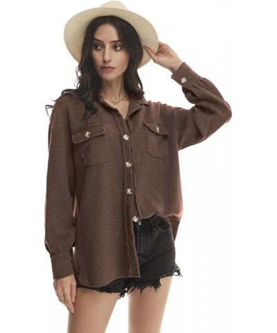 Womens Waffle Knit Shacket Boyfriend Shirt Jacket Button Down Blouse Loose Fit Long Sleeve Tops 02 Dark Brown $22.25 Blouses