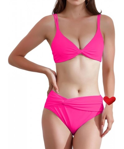 Women Two Piece Sexy Swimwear High Waisted V Neck Twist Front Adjustable Spaghetti Double Straps Bathing Suit Pink $10.12 Swi...