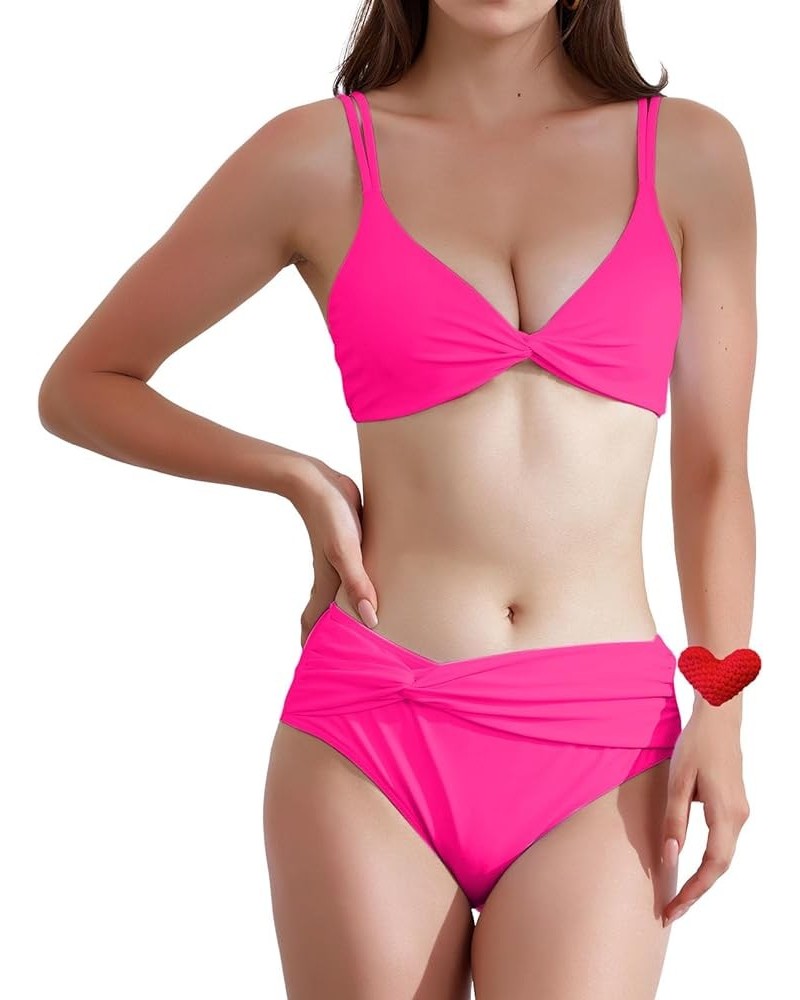 Women Two Piece Sexy Swimwear High Waisted V Neck Twist Front Adjustable Spaghetti Double Straps Bathing Suit Pink $10.12 Swi...