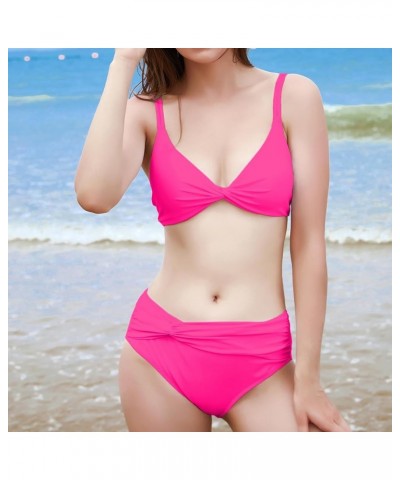 Women Two Piece Sexy Swimwear High Waisted V Neck Twist Front Adjustable Spaghetti Double Straps Bathing Suit Pink $10.12 Swi...