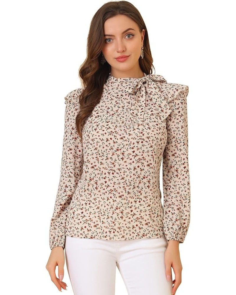 Women's Bow Tie Neck Long Sleeve Floral Ruffled Blouse Beige $16.49 Blouses