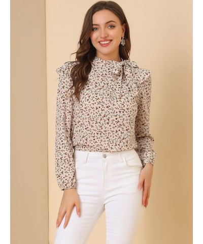 Women's Bow Tie Neck Long Sleeve Floral Ruffled Blouse Beige $16.49 Blouses