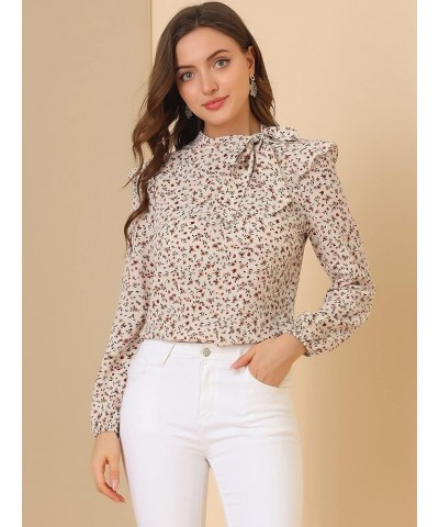 Women's Bow Tie Neck Long Sleeve Floral Ruffled Blouse Beige $16.49 Blouses