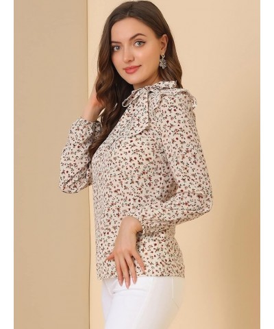 Women's Bow Tie Neck Long Sleeve Floral Ruffled Blouse Beige $16.49 Blouses