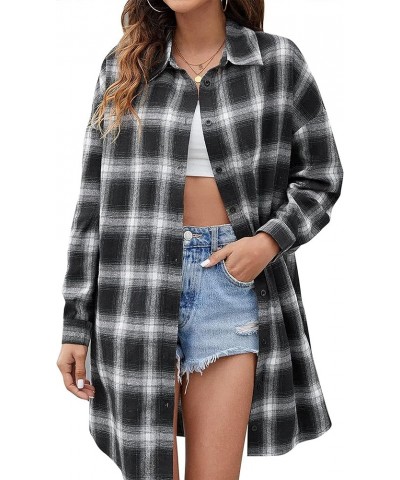 Long Flannel Shirts for Women Button Down Plaid Shirts Dresses Pocketed Black White $12.88 Blouses